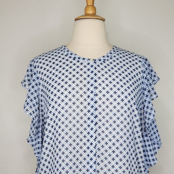 Roz & Ali Blue White Flutter Sleeve Ruffle Side Button Up Top Blouse NEW Size XL - Picture 2 of 15